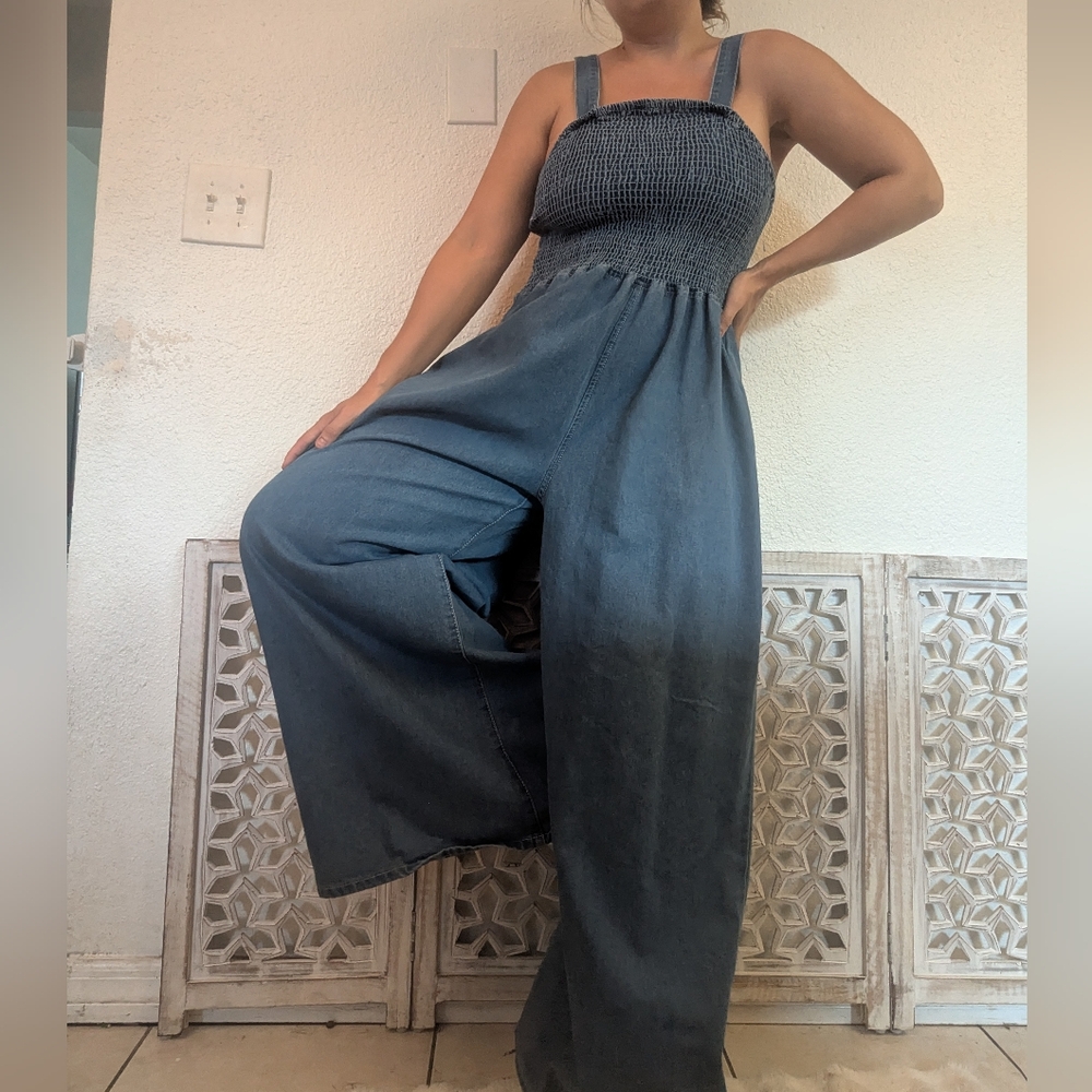 Shein Does 70s Wide Leg Smocked Denim Jumpsuit